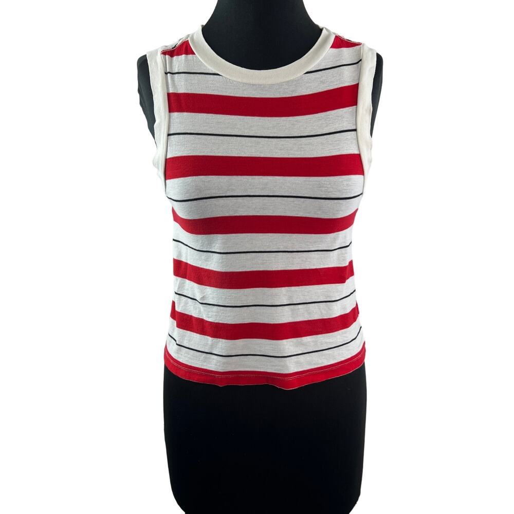 Allsaints Top Cotton Red White Striped Crew Neck Pullover Crop Tee Size Small S